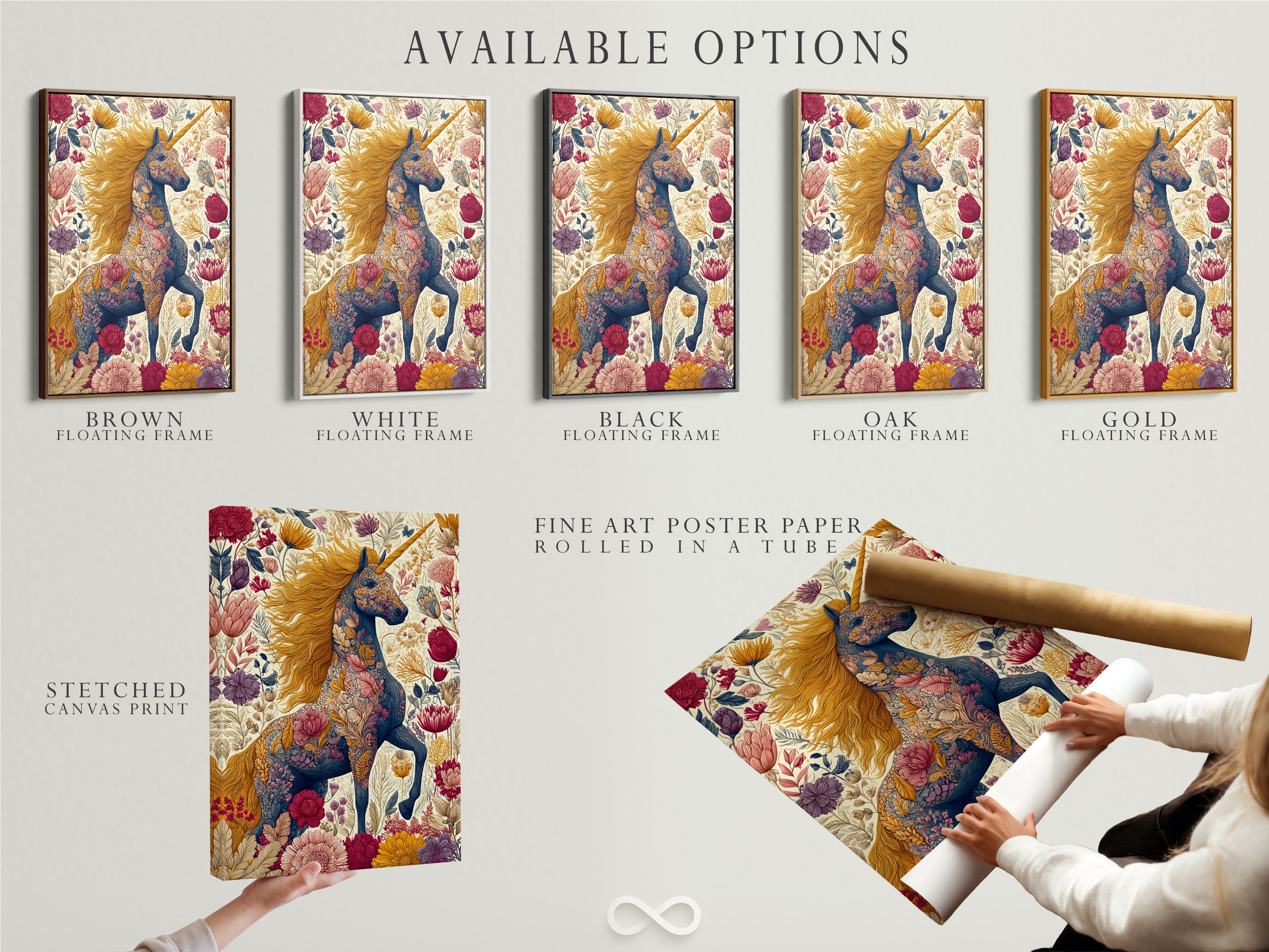 Explore available options for your floral unicorn artwork. Choose from stretched canvas prints fine art poster paper or floating frames. Personalize your art to match your style. Create a unique look with our framing and printing choices. Find the perfect fit for your home.