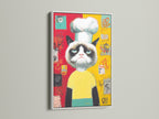 View the Chef Cat Wall Art presented in a white frame. This colorful cat art enhances your dining room. The pop art kitchen decor adds a contemporary style. It is a great piece of funny animal art to brighten your home.