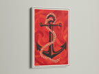 Maritime Anchor Wall Art in a White Frame. The red ocean canvas creates a coastal vibe. This nautical artwork is perfect for a beach house. A unique sailor gift idea. The vintage anchor artwork is eye-catching. It is suitable for navy themed rooms.