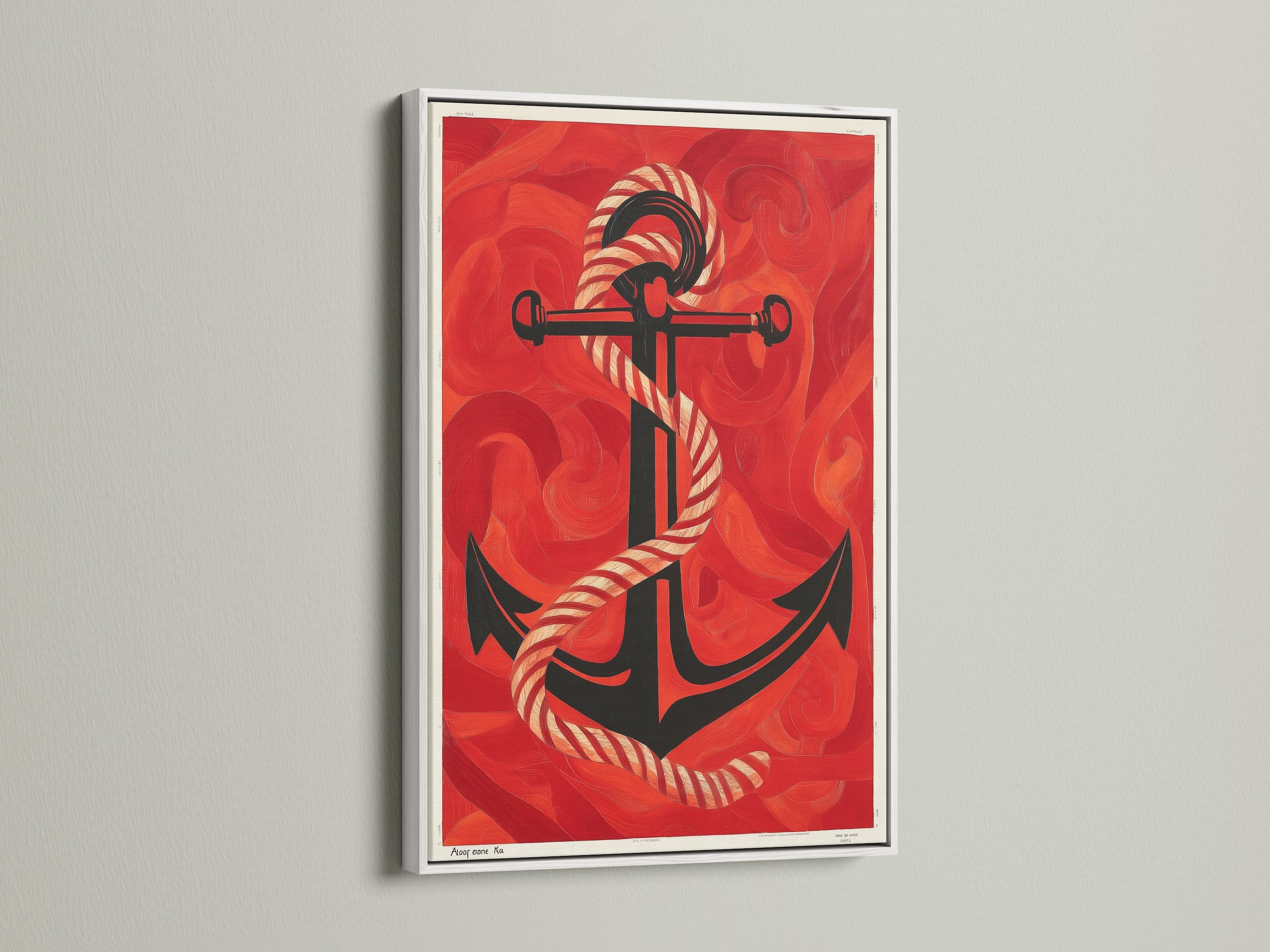 Maritime Anchor Wall Art in a White Frame. The red ocean canvas creates a coastal vibe. This nautical artwork is perfect for a beach house. A unique sailor gift idea. The vintage anchor artwork is eye-catching. It is suitable for navy themed rooms.