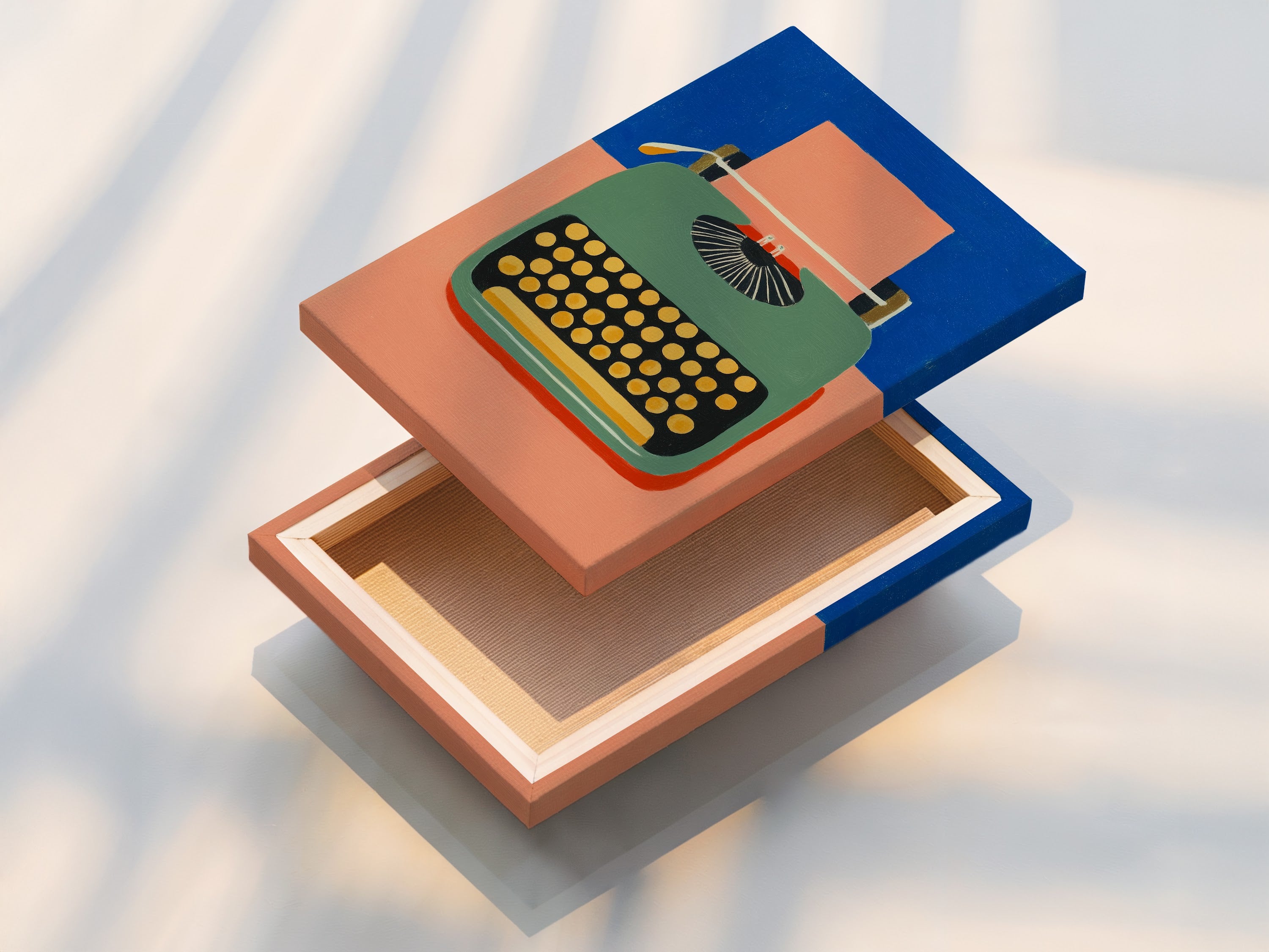 Stretched canvas print of a retro typewriter artwork. This mid-century modern art enhances any office. It is perfect for a study room. This vintage typewriter print makes a unique writer's gift. The artwork features primary blue and secondary orange tones. Add a vintage touch.