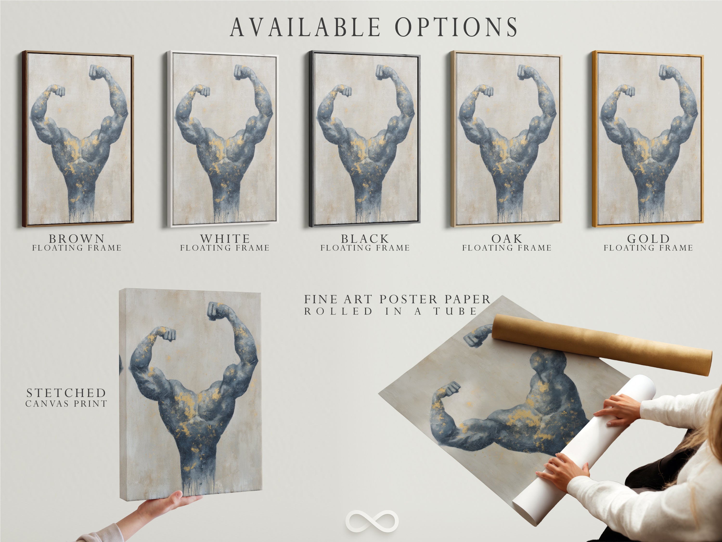 Available options for bodybuilder art. Choose from a stretched canvas print fine art poster paper or floating frame. Gray and gold muscle artwork for fitness enthusiasts. Elevate your gym decor today.