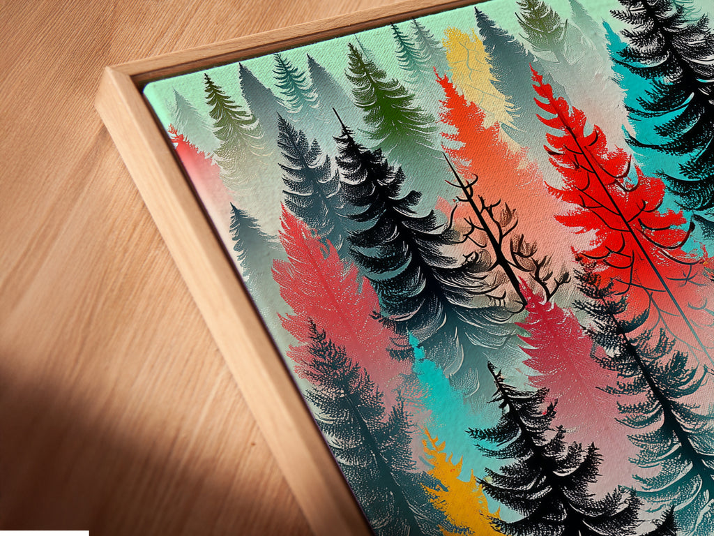 Angled close up of a canvas print in a floating frame. The colorful forest artwork is vibrant and eye-catching. This abstract tree wall art enhances any room. The modern woodland print features red turquoise and black trees. Perfect for adding scandi decor to your home. This tree canvas is ideal for bedroom art.