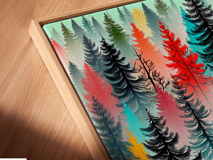 Angled close up of a canvas print in a floating frame. The colorful forest artwork is vibrant and eye-catching. This abstract tree wall art enhances any room. The modern woodland print features red turquoise and black trees. Perfect for adding scandi decor to your home. This tree canvas is ideal for bedroom art.