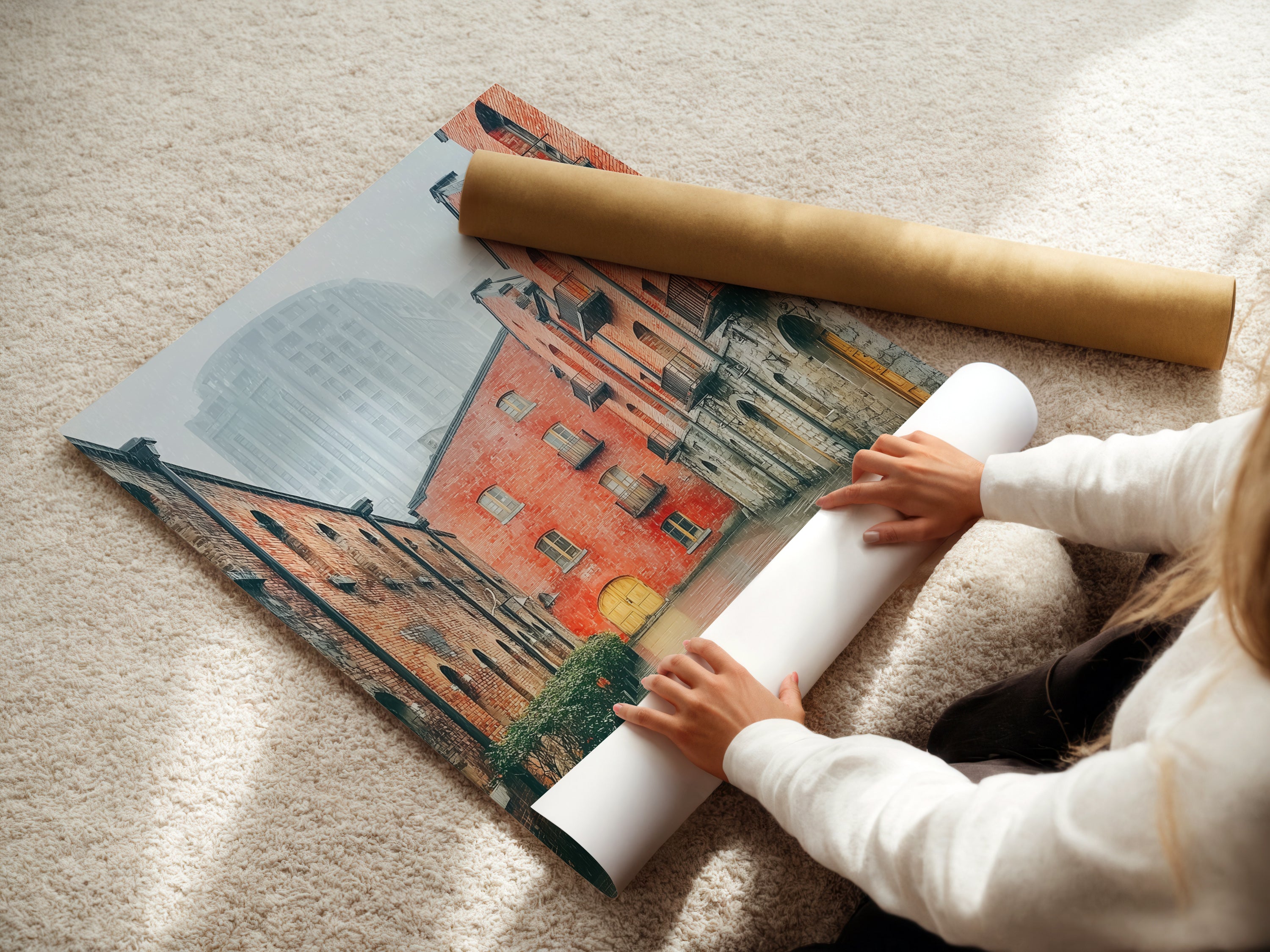 A woman is carefully rolling a fine art poster paper print. This Brick Building Canvas Print offers high-quality urban wall art. This is perfect for industrial minimalist and modern interiors.
