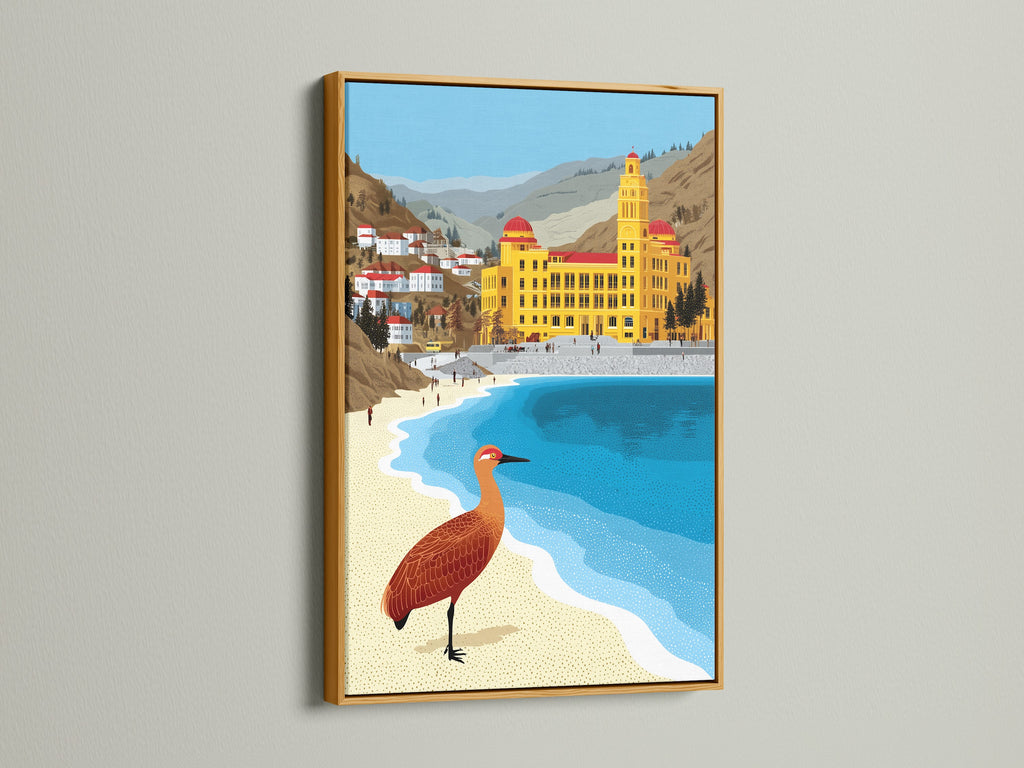Coastal artwork featuring a bird canvas in a gold frame. Ochre and teal art print for stylish interiors. Seaside decor to elevate your space. Architecture art for beach lovers. A perfect gift for bird enthusiasts.