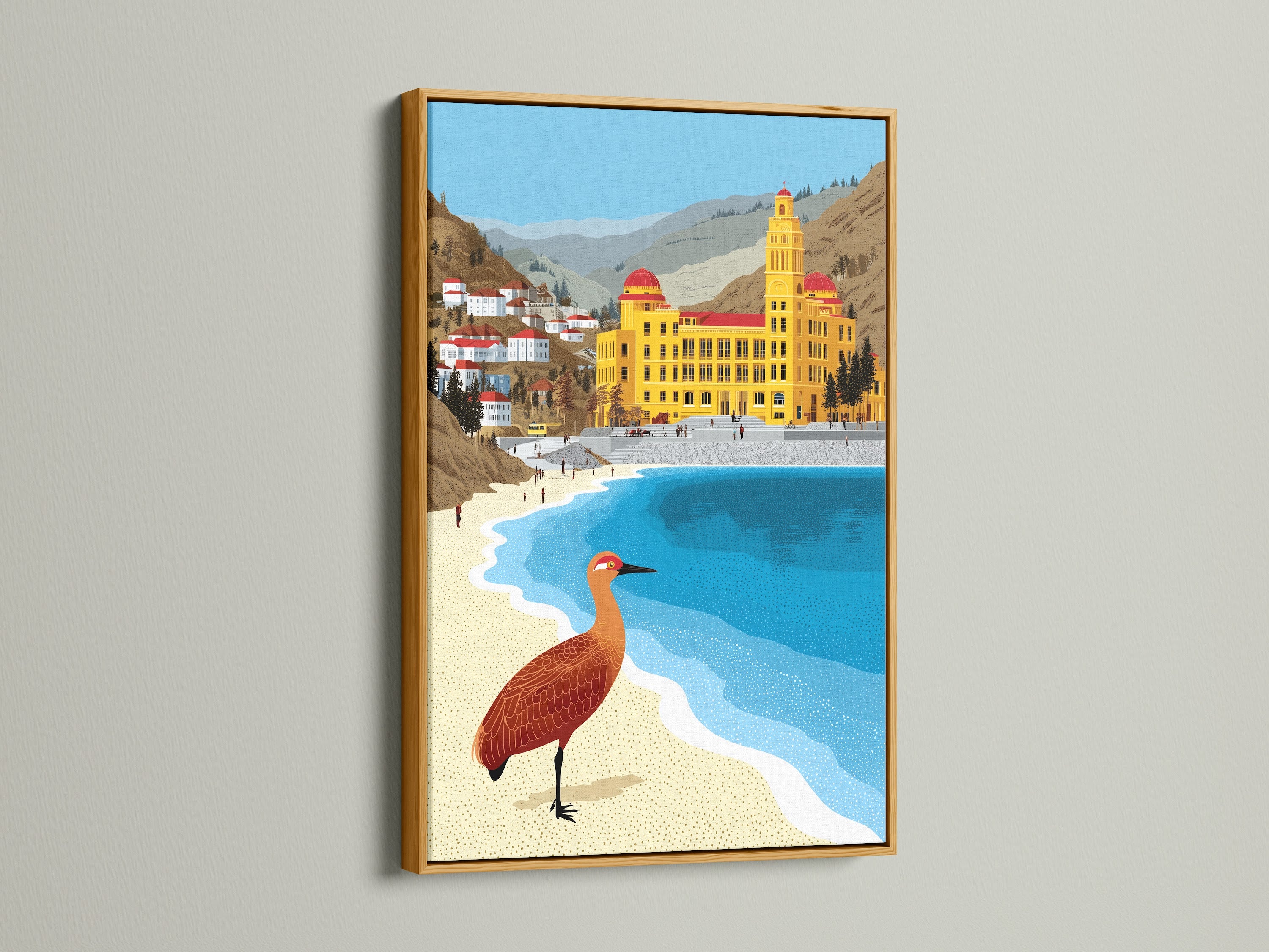 Coastal artwork featuring a bird canvas in a gold frame. Ochre and teal art print for stylish interiors. Seaside decor to elevate your space. Architecture art for beach lovers. A perfect gift for bird enthusiasts.