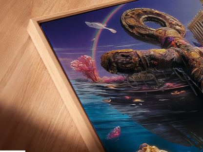 A close-up angled view reveals the exquisite detail of a canvas print in a floating frame. The artwork features an underwater anchor a sunken ship and vibrant sea life. The floating frame enhances the depth and texture of this nautical artwork. Perfect coastal decor.