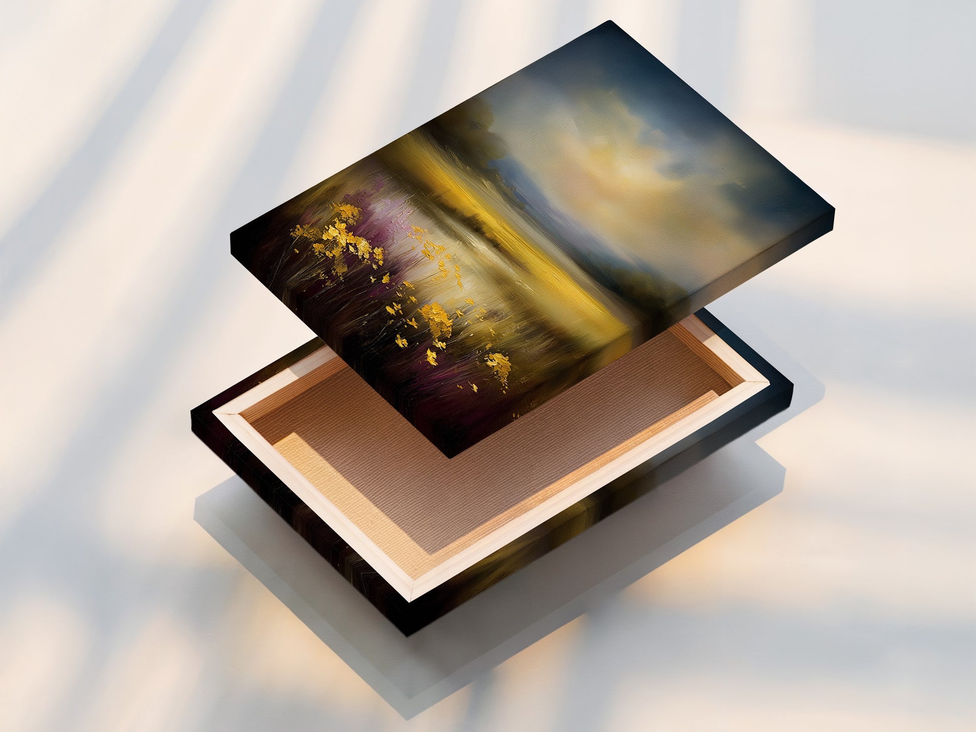 This is a stretched canvas print featuring a golden meadow. The artwork is ready to hang and enjoy. The stretched canvas provides a clean and modern look. It enhances any living space with its beauty.