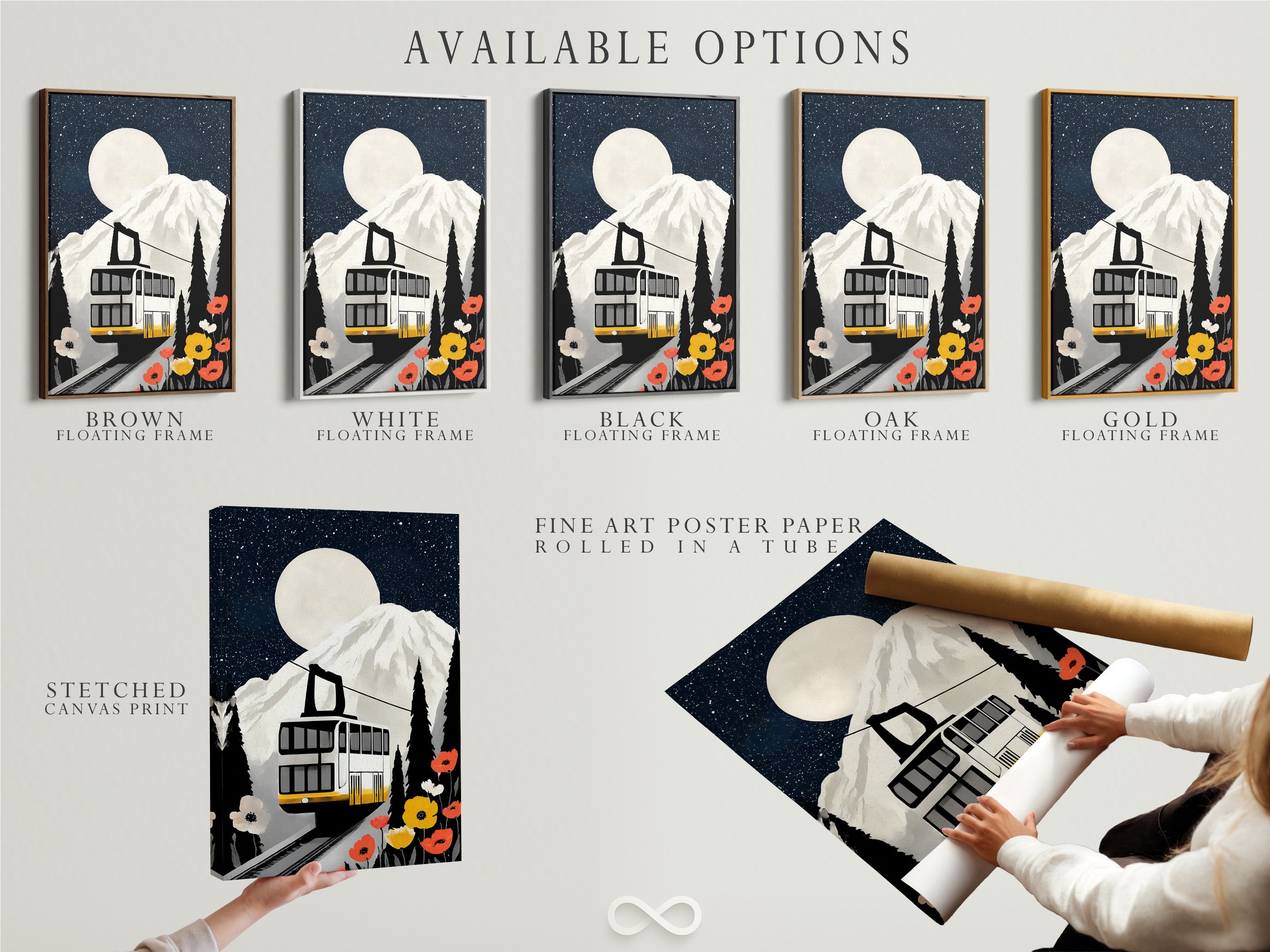 Explore available options including a stretched canvas print fine art poster paper and floating frame. Mountain Railway art brings vintage cable car charm to your walls. Perfect for alpine adventure decor in a modern or lodge style.