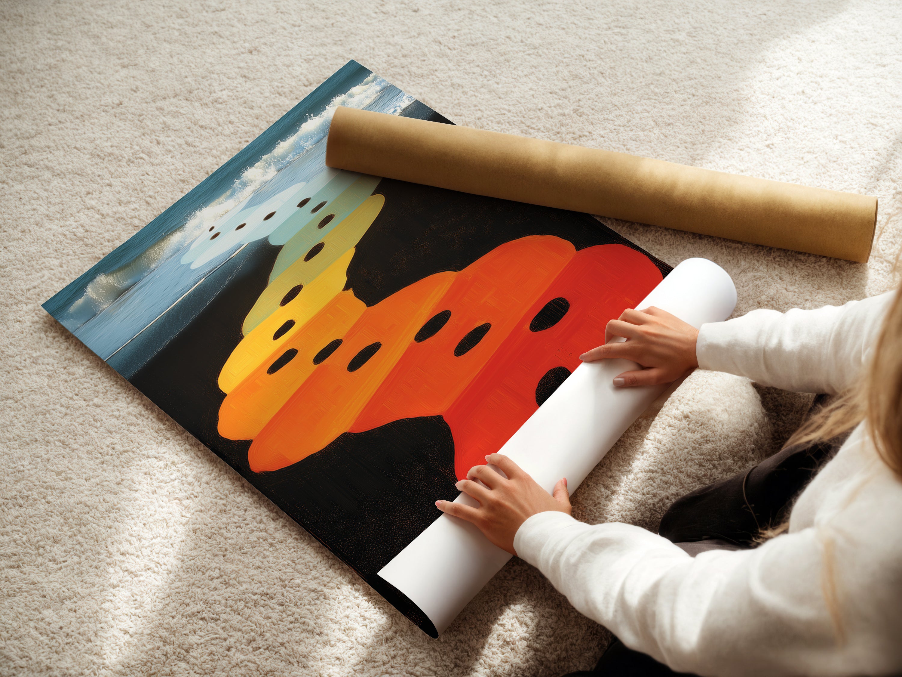 The woman is rolling a fine art poster paper. The fine art poster paper ensures high-quality prints of beach path art. This paper is perfect for capturing vibrant colors. It is ideal for creating stunning wall art for any room. This fine art paper enhances the artwork.