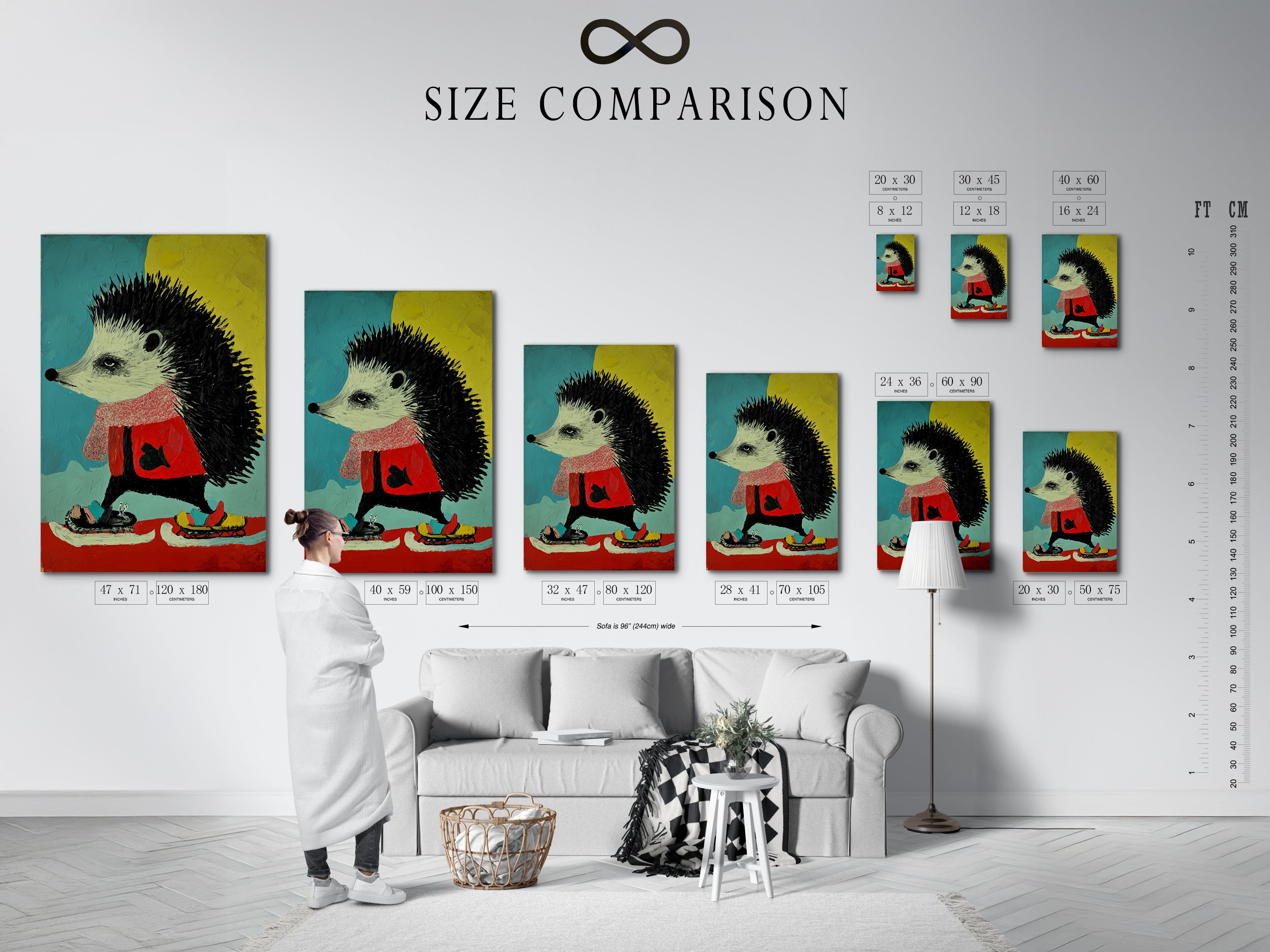 Size comparison chart in an interior setting. See how the hedgehog art print fits in various spaces. This whimsical animal canvas wall art is perfect for children's nursery decor. The colorful animal print will brighten any playroom wall.