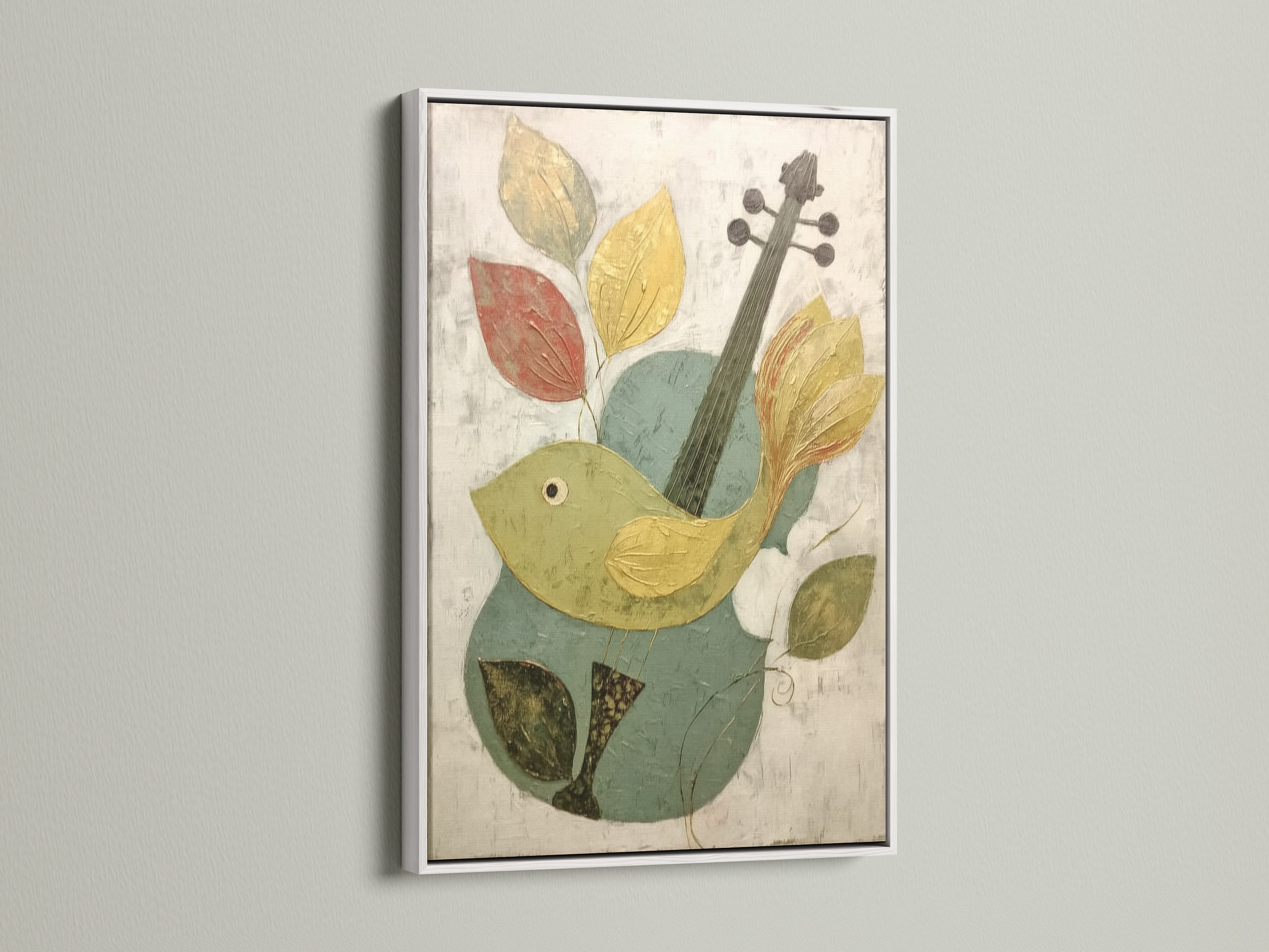A white frame highlights the Bird and Violin Canvas Print. This modern art piece fits seamlessly into any decor. The clean white lines enhance its whimsical style. Perfect for minimalist or Scandinavian interiors. Transform your walls today.