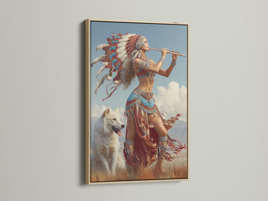 Artwork displayed in an oak frame. The art features a woman in Native American clothing playing flute next to a wolf. The oak frame adds warmth and enhances the artwork's natural tones. Perfect for any room.