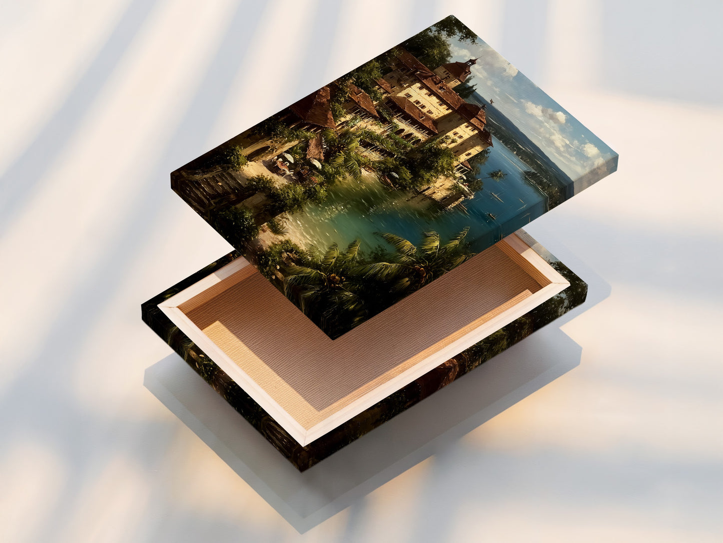 This is a stretched canvas print featuring a coastal village scene. The Mediterranean Sea wall art is ready to hang. It brings vintage Italian Riviera charm to your home. The stretched canvas provides a gallery-worthy finish.