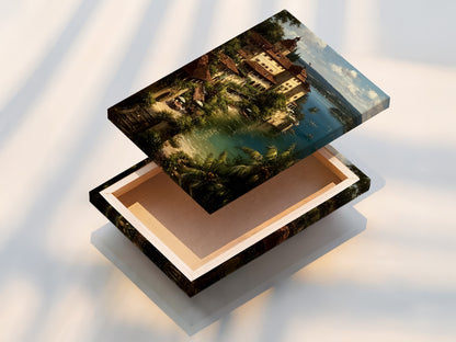 This is a stretched canvas print featuring a coastal village scene. The Mediterranean Sea wall art is ready to hang. It brings vintage Italian Riviera charm to your home. The stretched canvas provides a gallery-worthy finish.