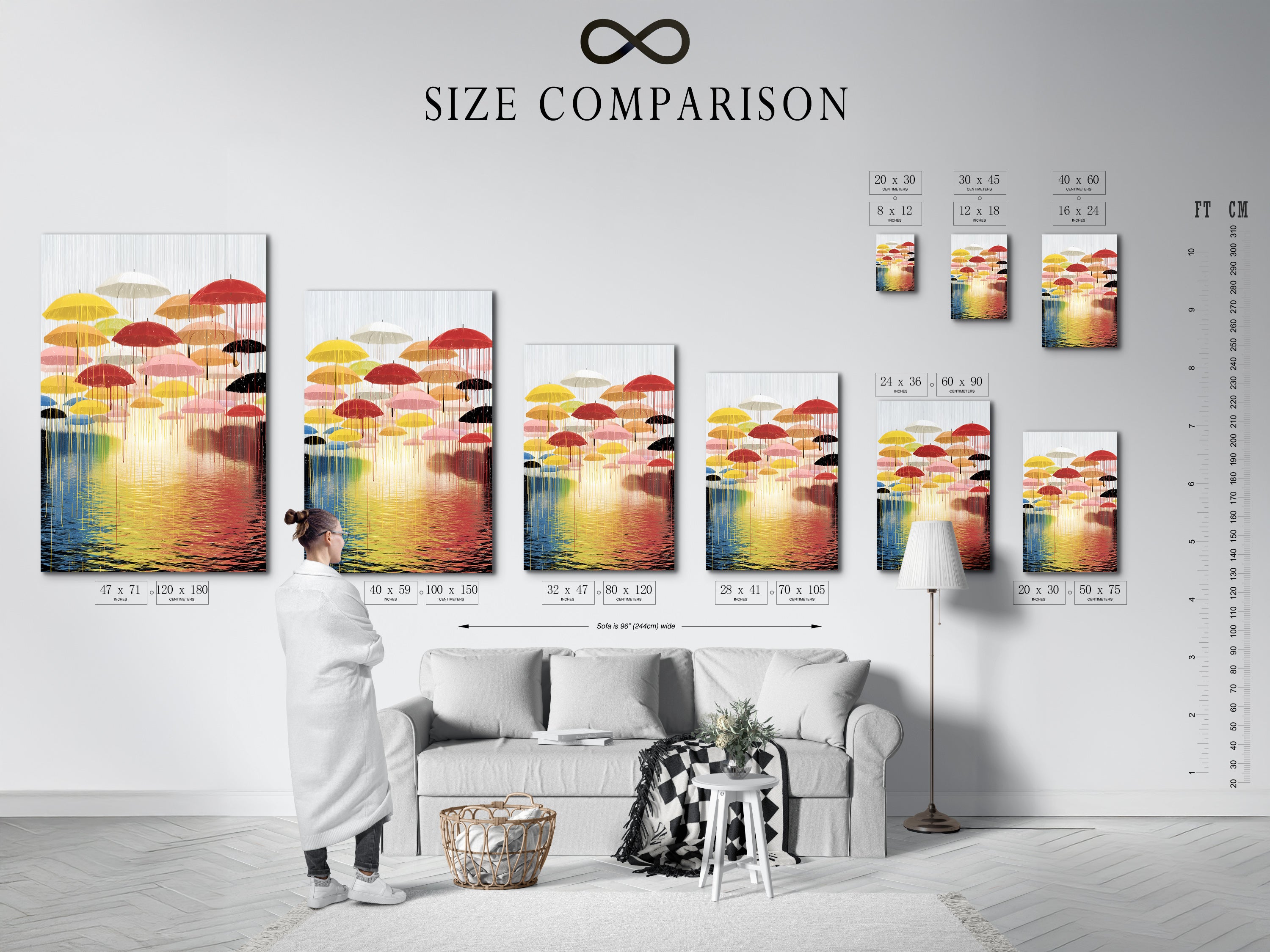 The size comparison chart for the 'Umbrella' artwork is displayed in an interior setting. This chart helps you visualize the different sizes. This modern abstract piece is perfect for your space. Choose the ideal dimensions to complement your wall decor. Transform your room with this vibrant artwork.
