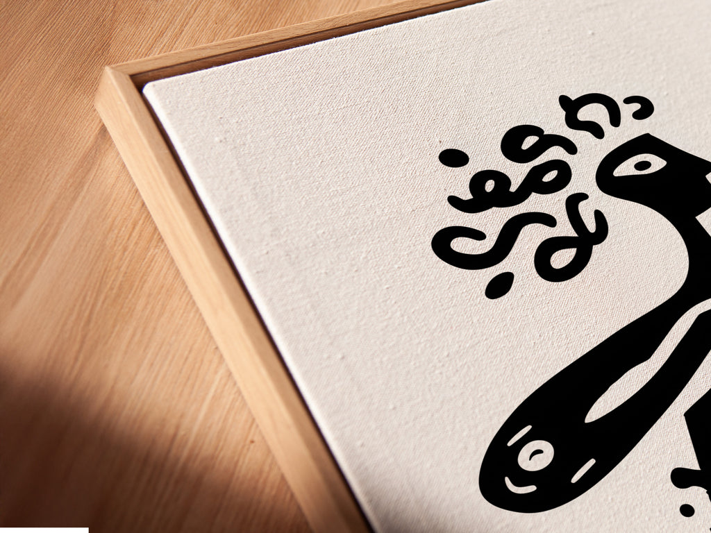 Close-up of a canvas print in a floating frame. The artwork features an abstract person playing the violin. The floating frame gives the art a sophisticated look. The canvas print brings out the art's texture. This frame is ideal for showcasing artwork.