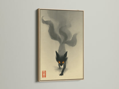 A captivating fox spirit art piece displayed in an oak frame. The dark fantasy print adds intrigue to any room. This Japanese-inspired animal poster is perfect for bedroom decor and living spaces.