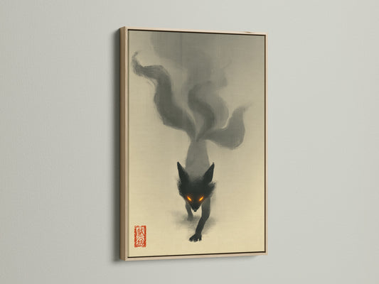 A captivating fox spirit art piece displayed in an oak frame. The dark fantasy print adds intrigue to any room. This Japanese-inspired animal poster is perfect for bedroom decor and living spaces.