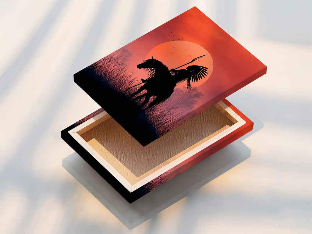 A stretched canvas print of Native American Warrior artwork. The sunset silhouette wall art brings western charm to any room. Enhance your space with this horseback rider print. Perfect for tribal wall art and southwestern decor.