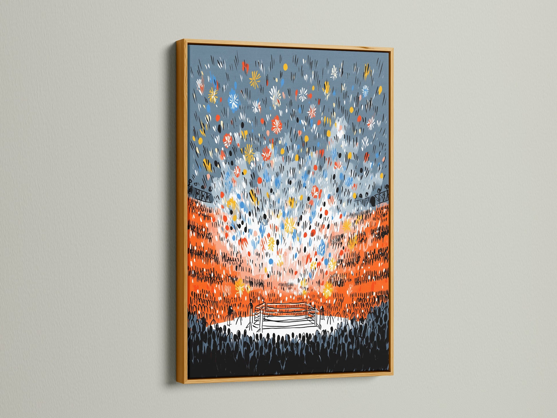 Fight night canvas print presented in a luxurious gold frame. The artwork brings a vibrant sports arena atmosphere to your space. Perfect boxing fan gift for elevated wall decor. This print adds a touch of glamour to any room. Modern artwork for your home.