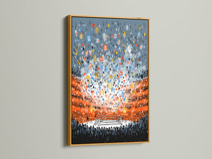 Fight night canvas print presented in a luxurious gold frame. The artwork brings a vibrant sports arena atmosphere to your space. Perfect boxing fan gift for elevated wall decor. This print adds a touch of glamour to any room. Modern artwork for your home.