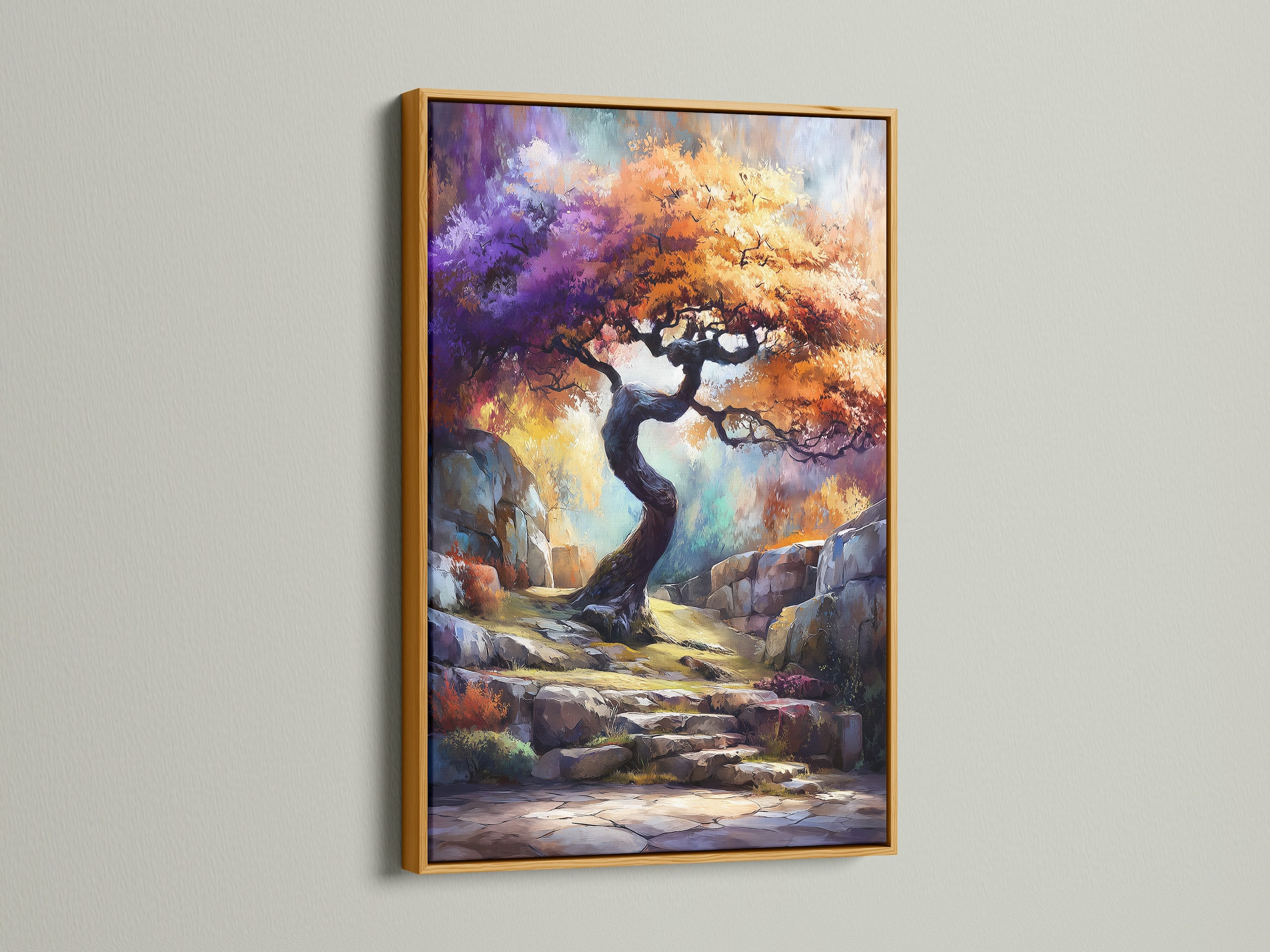 A gold frame adds a touch of elegance to this mystical tree art. This fantasy landscape wall art enhances any space. The colorful nature artwork is perfect for bedroom decor. The gold frame complements the orange and purple.