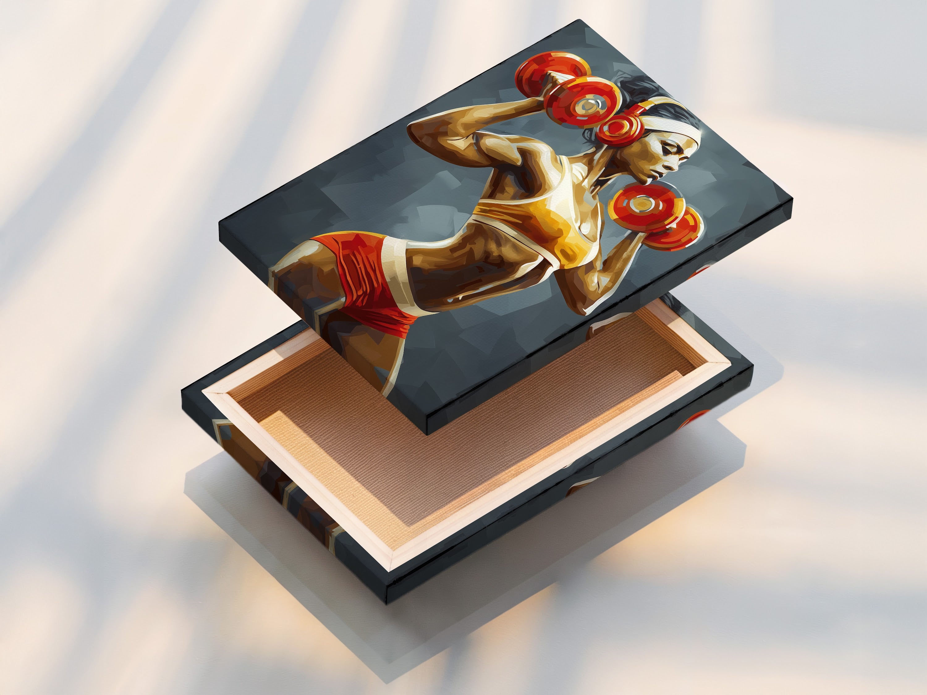 A stretched canvas print displays a strong woman weightlifting. This fitness artwork is ready to hang. The motivational gym artwork enhances any workout space. Ideal for home gym decor. The canvas print inspires strength and dedication.