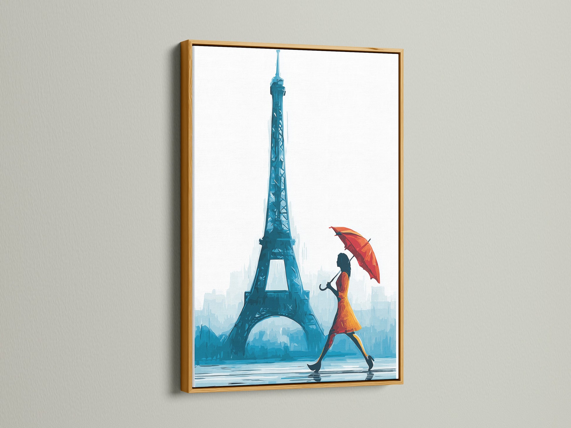 The artwork is displayed in a luxurious gold frame. Artwork featuring the Eiffel Tower canvas print. The Parisian woman with umbrella wall art adds elegance. Ideal for living room wall art. Perfect for boutique wall decor. Explore French artwork and Parisian decor options. Complements minimalist contemporary or urban styles.
