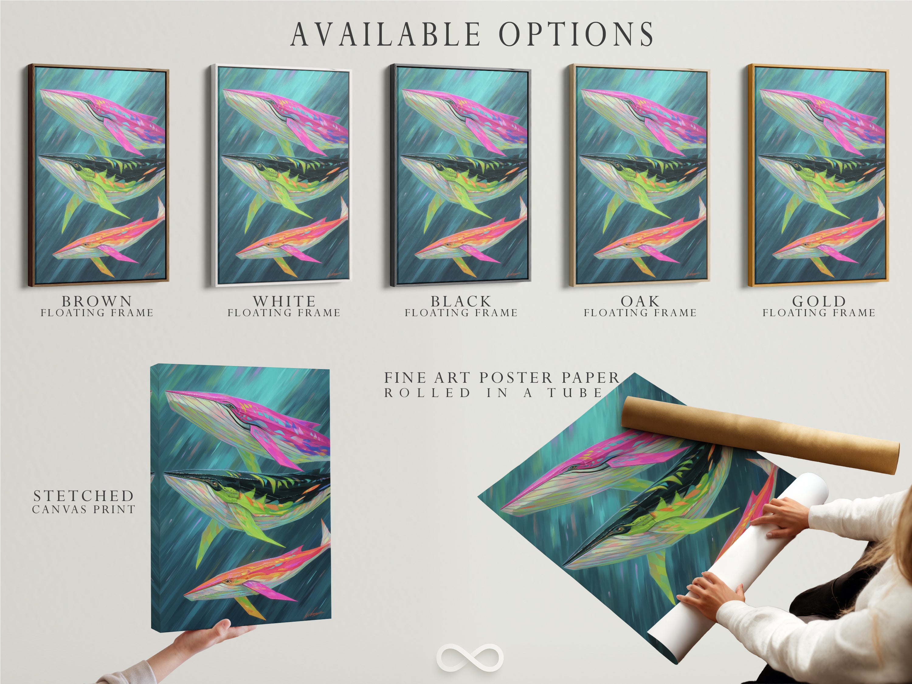 Explore available options for whale artwork. Choose from a stretched canvas print a fine art poster or a floating frame. Customize your art to match your style. Get yours today.