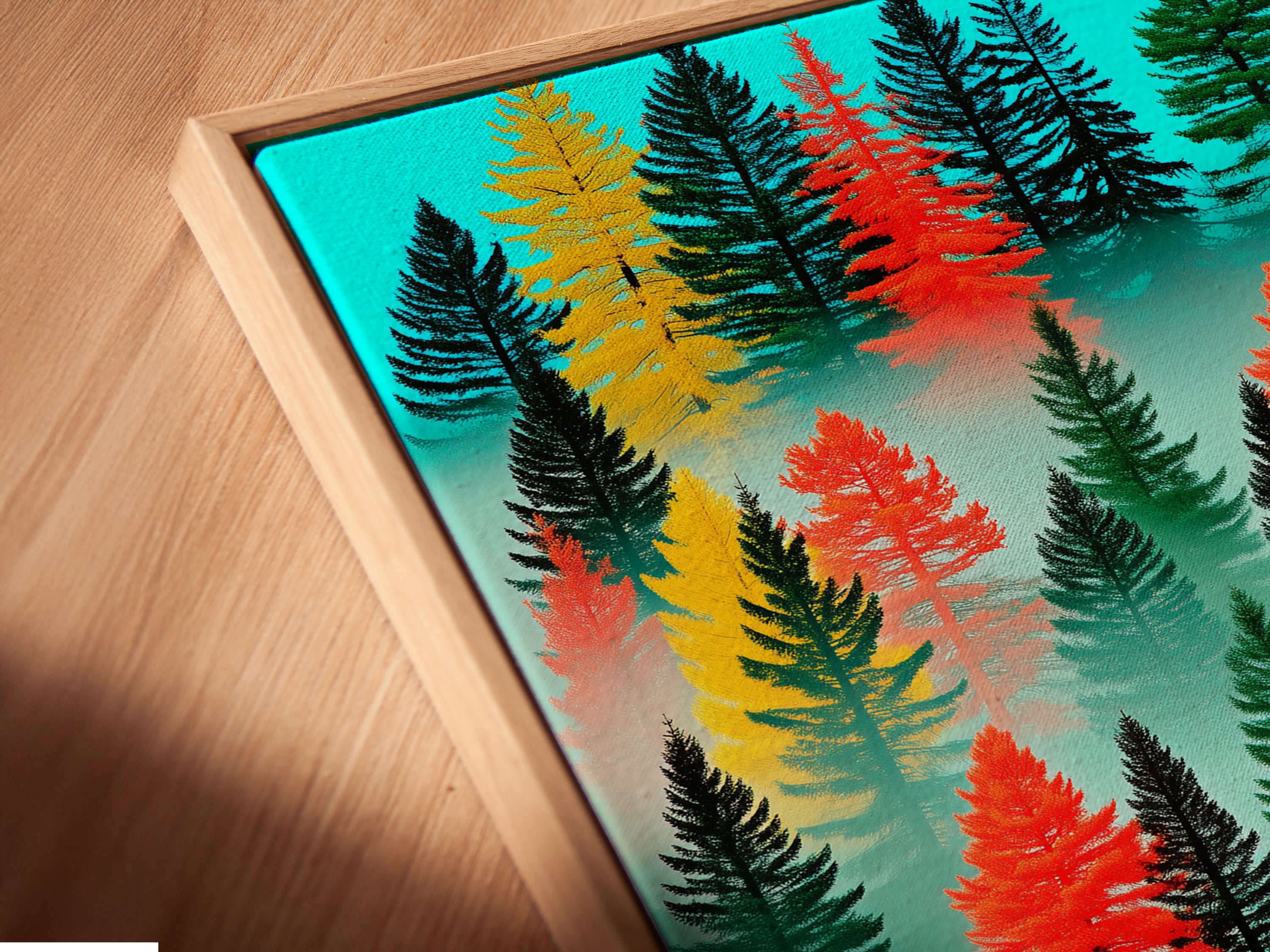 This is a close-up of a canvas print in a floating frame. The frame creates a unique and modern look. The artwork appears to float within the frame. This is a stylish way to display your favorite art. Perfect for adding a contemporary touch to your home.