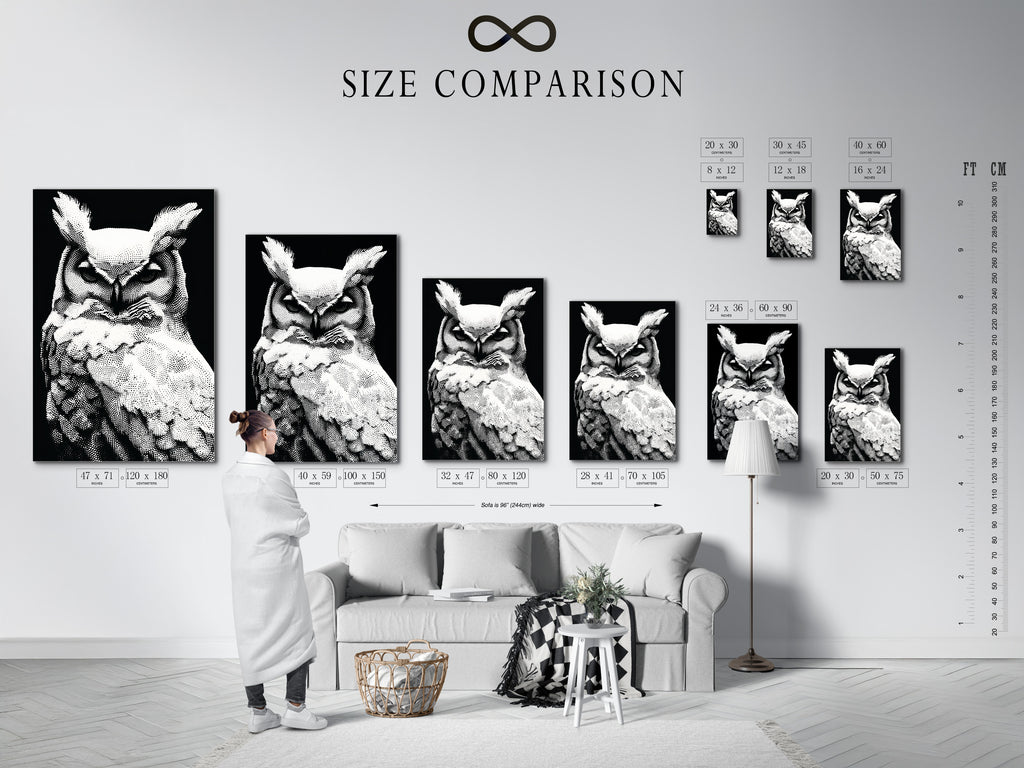 A size comparison chart is displayed in an interior setting. The chart shows various sizes of the owl artwork. Available as a stretched canvas print fine art poster or framed. The black and white wildlife art can fit any space. Perfect for minimalist and modern decor.
