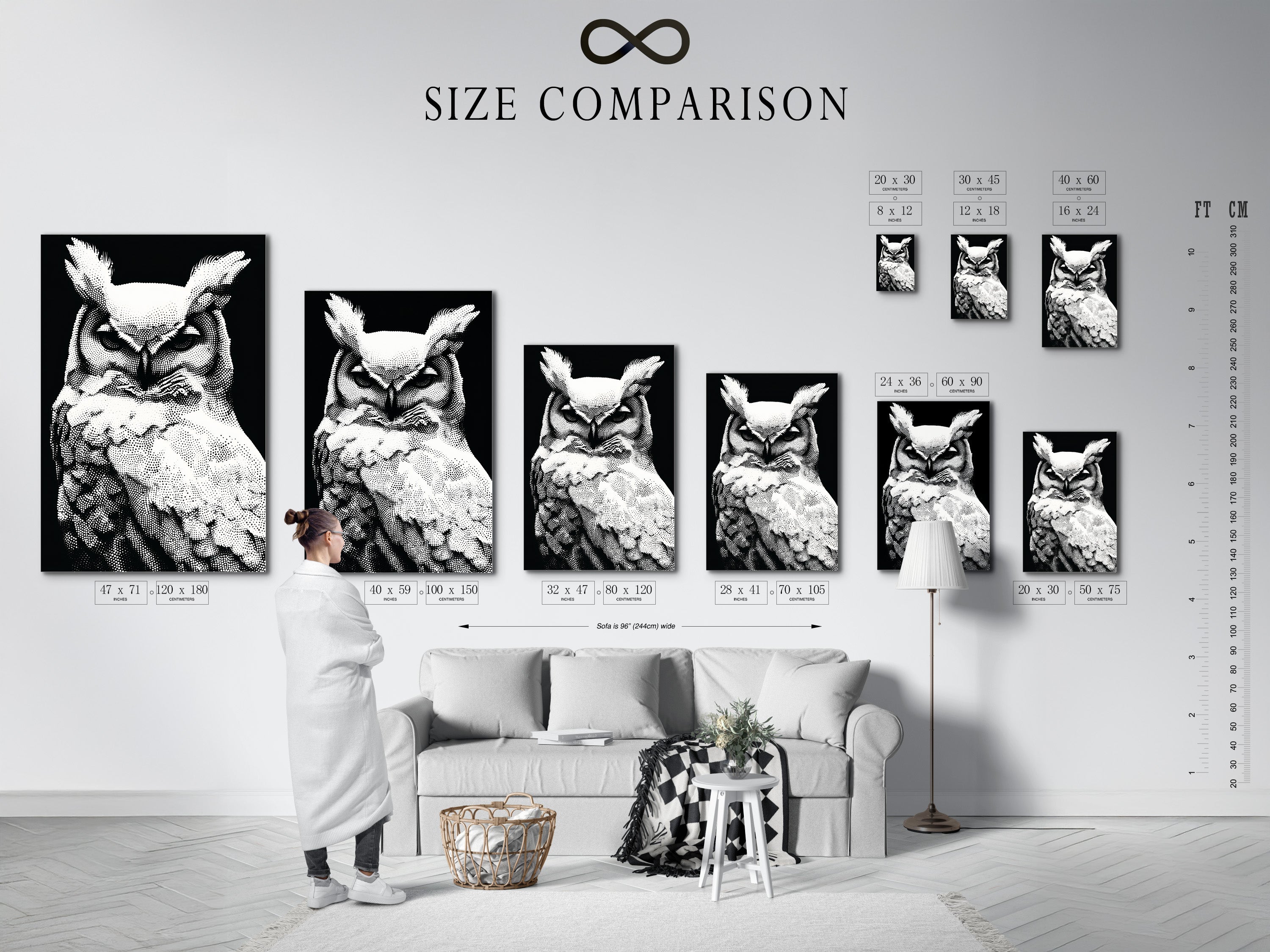 A size comparison chart is displayed in an interior setting. The chart shows various sizes of the owl artwork. Available as a stretched canvas print fine art poster or framed. The black and white wildlife art can fit any space. Perfect for minimalist and modern decor.