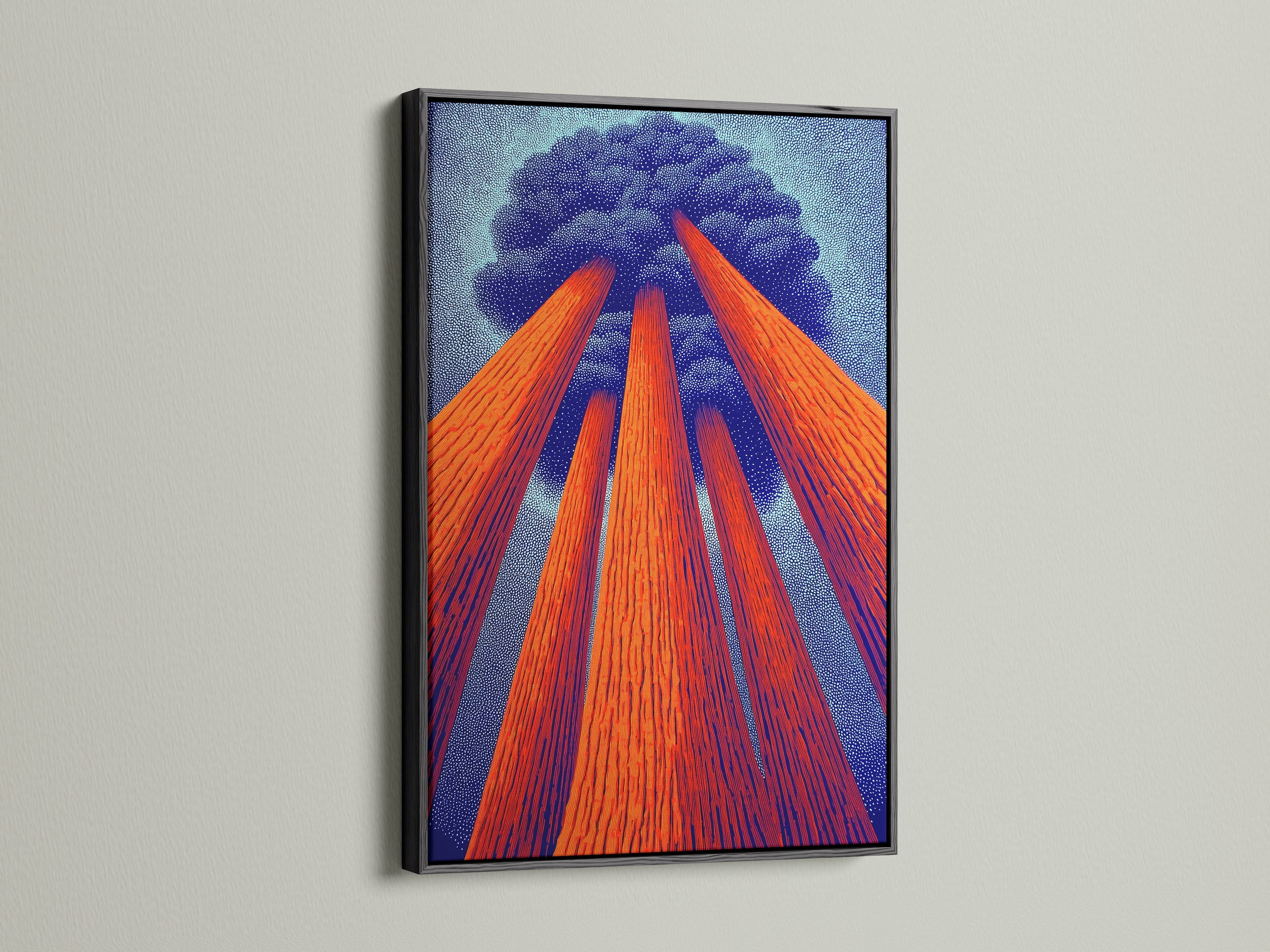 Sequoia art displayed in a black frame. This redwood forest artwork provides a modern touch to any space. The black frame makes the earth tone decor pop. A tree canvas print perfect for office wall decor. Large canvas art suitable for any room.