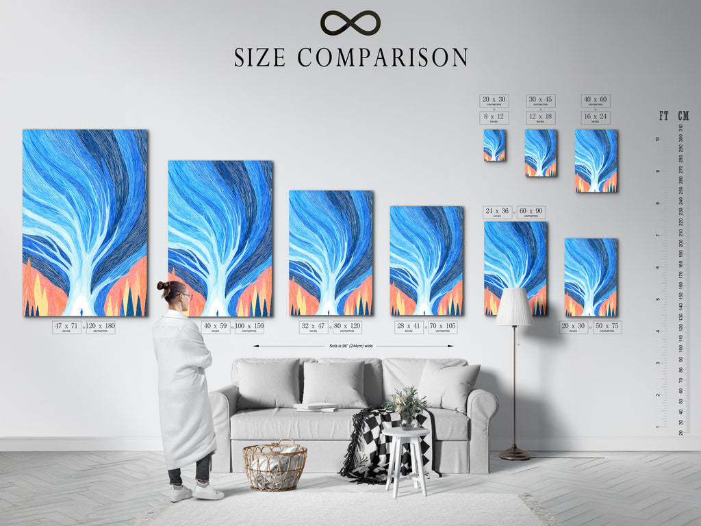 Size comparison chart in an interior setting. The chart showcases the Abstract Tree canvas print. Various sizes are available to fit your space. Choose the perfect dimensions for your wall art. It is ideal for modern nature artwork.