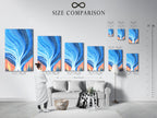 Size comparison chart in an interior setting. The chart showcases the Abstract Tree canvas print. Various sizes are available to fit your space. Choose the perfect dimensions for your wall art. It is ideal for modern nature artwork.