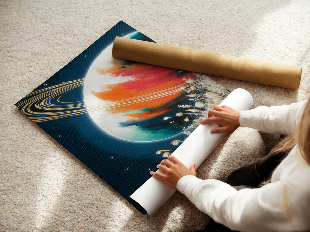 A woman carefully rolling fine art poster paper featuring Saturn art. The space canvas is ready for framing. The galaxy wall art is preserved in high quality. This celestial decor is perfect for art lovers. The abstract print will be a statement piece. The colorful art is unique.