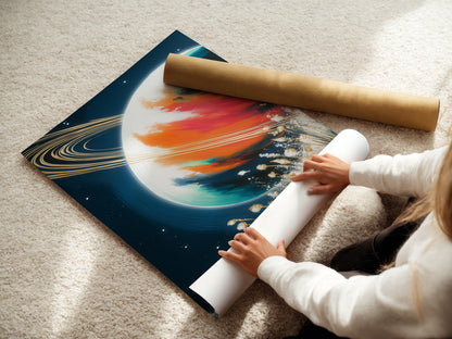 A woman carefully rolling fine art poster paper featuring Saturn art. The space canvas is ready for framing. The galaxy wall art is preserved in high quality. This celestial decor is perfect for art lovers. The abstract print will be a statement piece. The colorful art is unique.