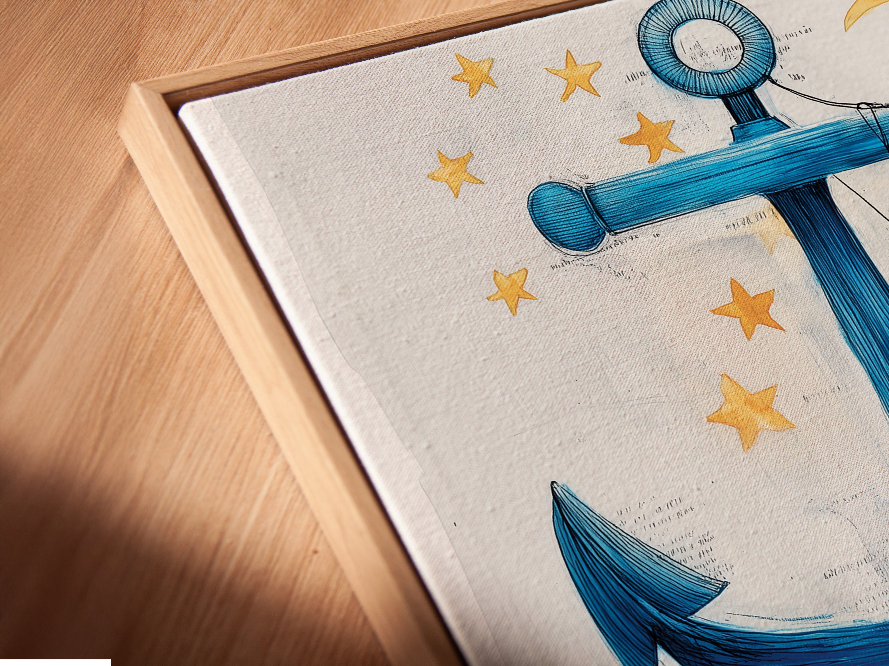 A close-up angled view of an Anchor canvas print in a floating frame. This nautical wall art adds a modern touch to any space. The blue ocean wave poster complements coastal decor. Ideal for beach houses and seaside artwork displays. A unique piece to enhance your ocean-themed collection