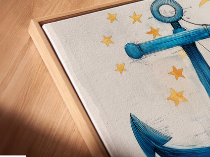 A close-up angled view of an Anchor canvas print in a floating frame. This nautical wall art adds a modern touch to any space. The blue ocean wave poster complements coastal decor. Ideal for beach houses and seaside artwork displays. A unique piece to enhance your ocean-themed collection