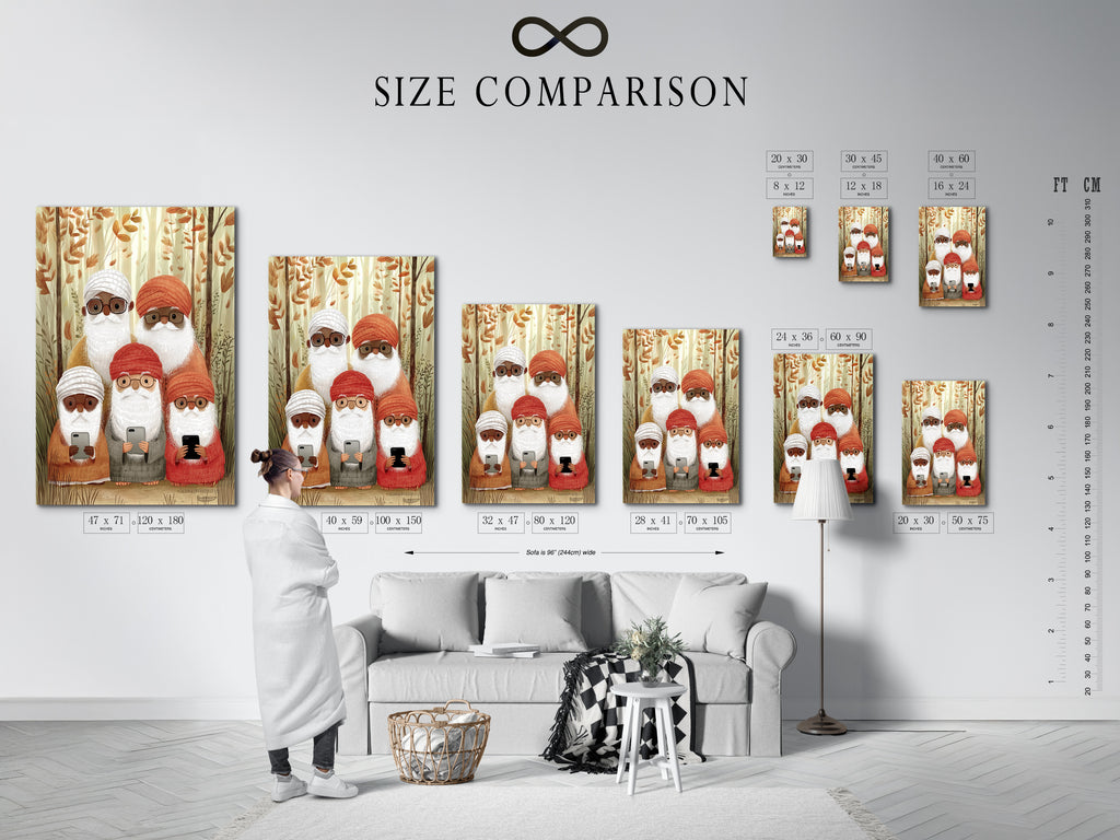Size comparison chart of the gnome family artwork in an interior setting. This chart helps visualize the artwork's dimensions. See how it fits in different spaces. Useful for planning your wall art arrangements.