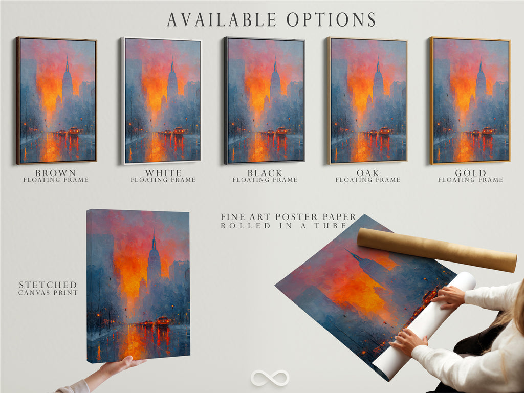 Explore available options such as stretched canvas prints. Also available are fine art poster paper and floating frames. Customize your NYC skyline art. Choose the perfect display for your urban artwork.