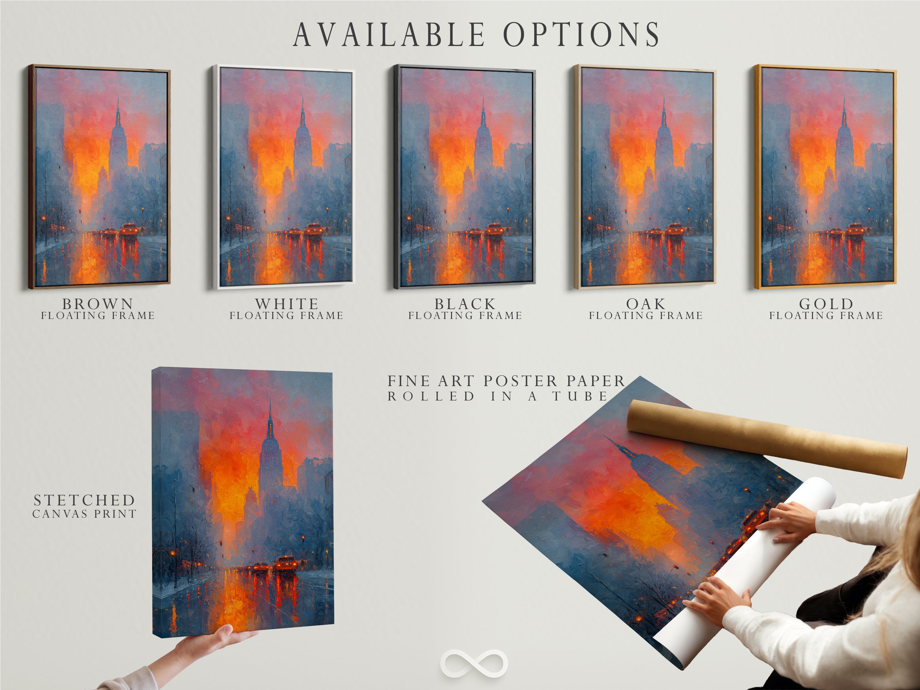 Explore available options for the New York Cityscape artwork. Choose from a stretched canvas print fine art poster paper or floating frame. Customize your modern artwork to match your personal style. Enhance your space with this stunning sunset skyline wall art.