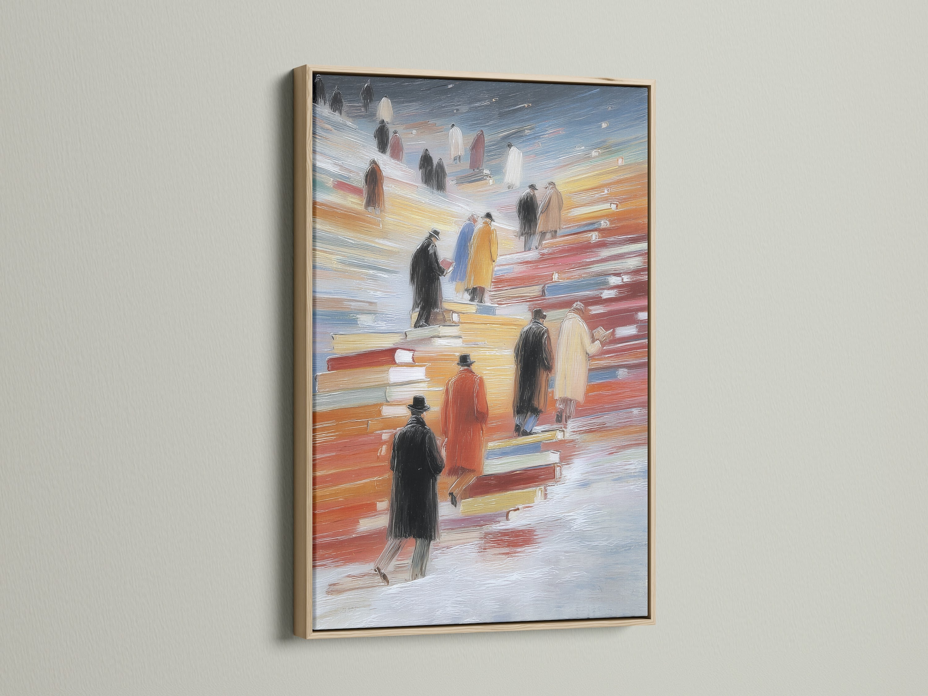 Elevate your space with this Figures on Books canvas print in an oak frame. This modern artwork brings a touch of sophistication to any room. Ideal for study rooms library wall decor and living rooms.