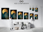 A size comparison chart is displayed in an interior setting. It shows various sizes of the teal and gold abstract sun wave artwork. The chart helps visualize the art's impact on different wall spaces. This contemporary print is great for living rooms bedrooms and home offices.