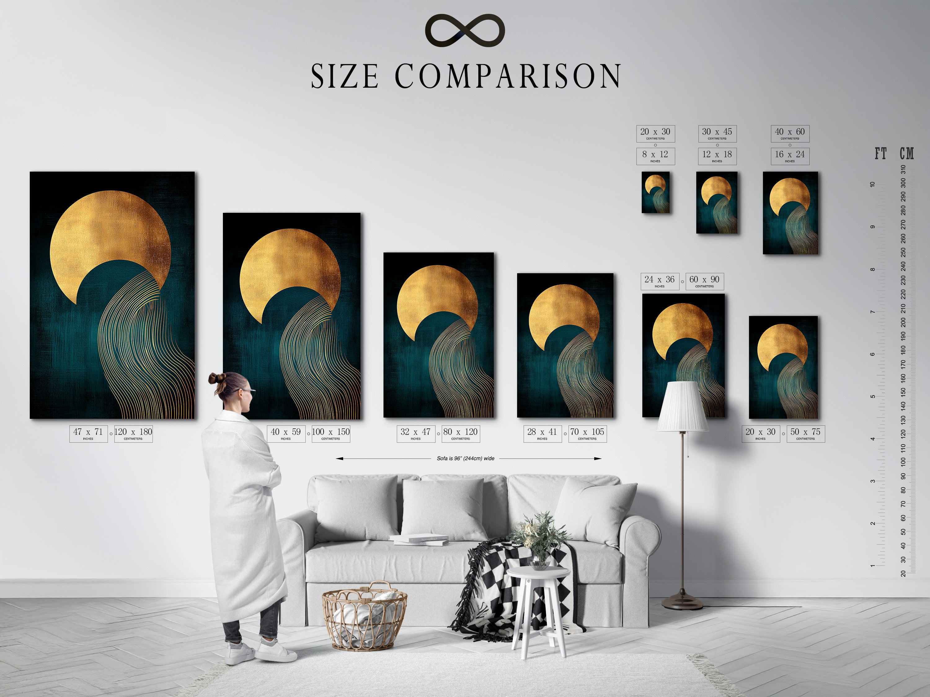 A size comparison chart is displayed in an interior setting. It shows various sizes of the teal and gold abstract sun wave artwork. The chart helps visualize the art's impact on different wall spaces. This contemporary print is great for living rooms bedrooms and home offices.