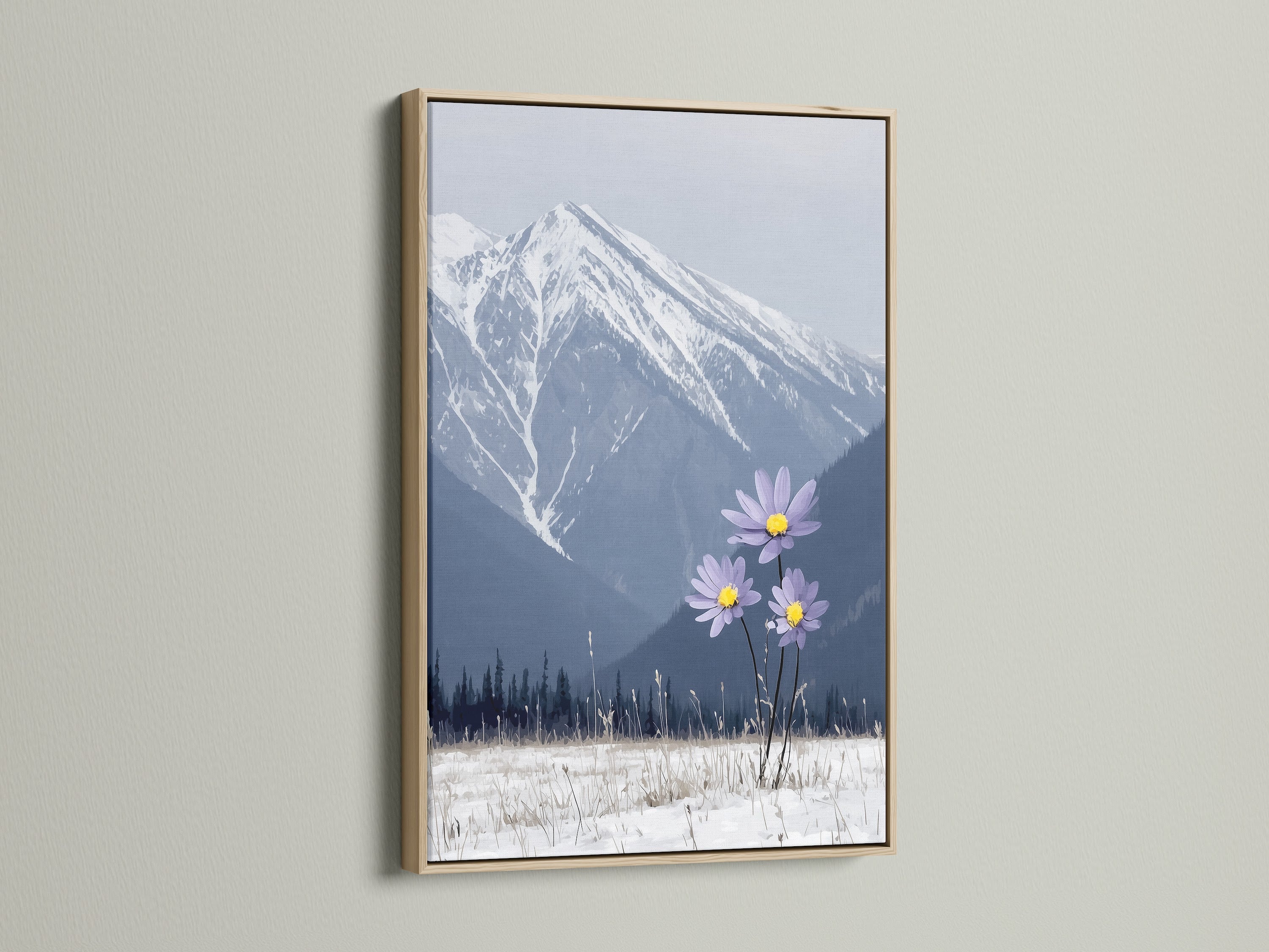 The mountain flower artwork is presented in a stylish oak frame. The winter landscape poster features snowy mountains and delicate lilac flowers. It's perfect bedroom wall decor. This piece adds modern flair and natural beauty to any room.