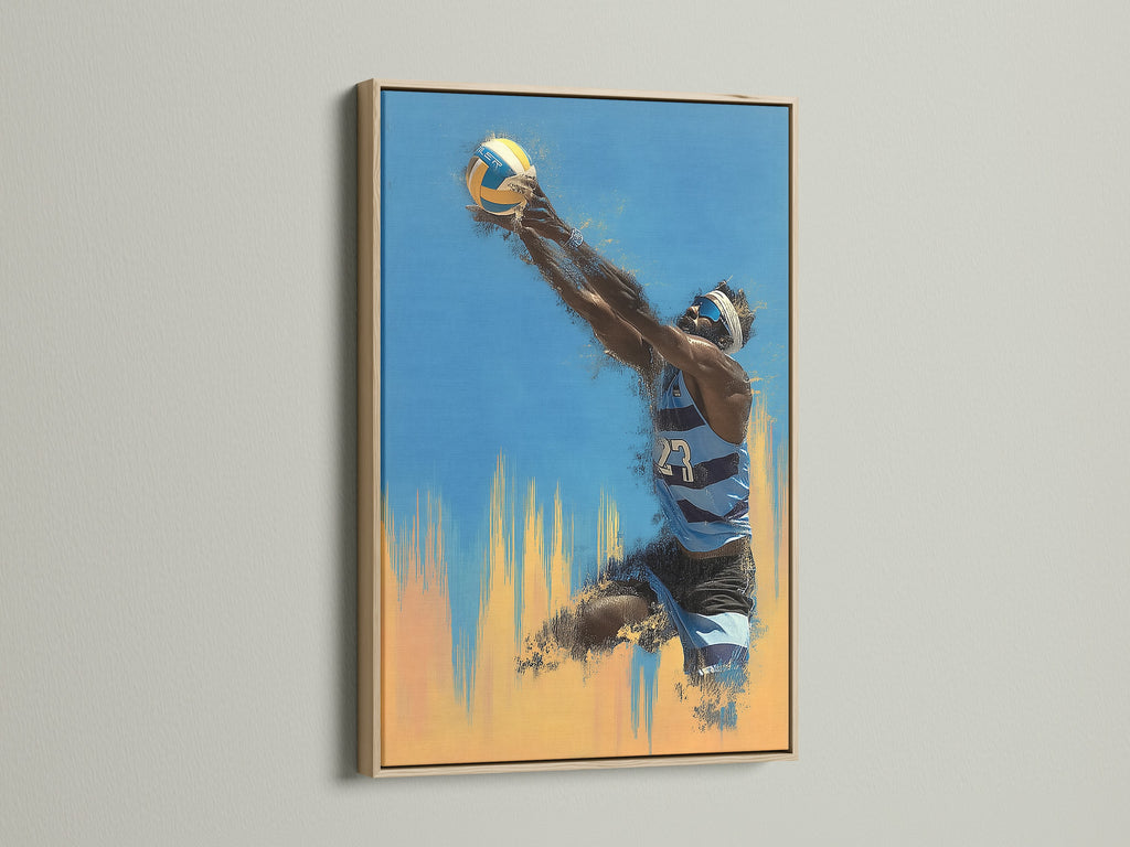 Volleyball sports canvas print in an oak frame. This piece adds warmth to any space. The oak frame enhances the blue and orange tones of the artwork. Perfect for sports enthusiasts and athletes.