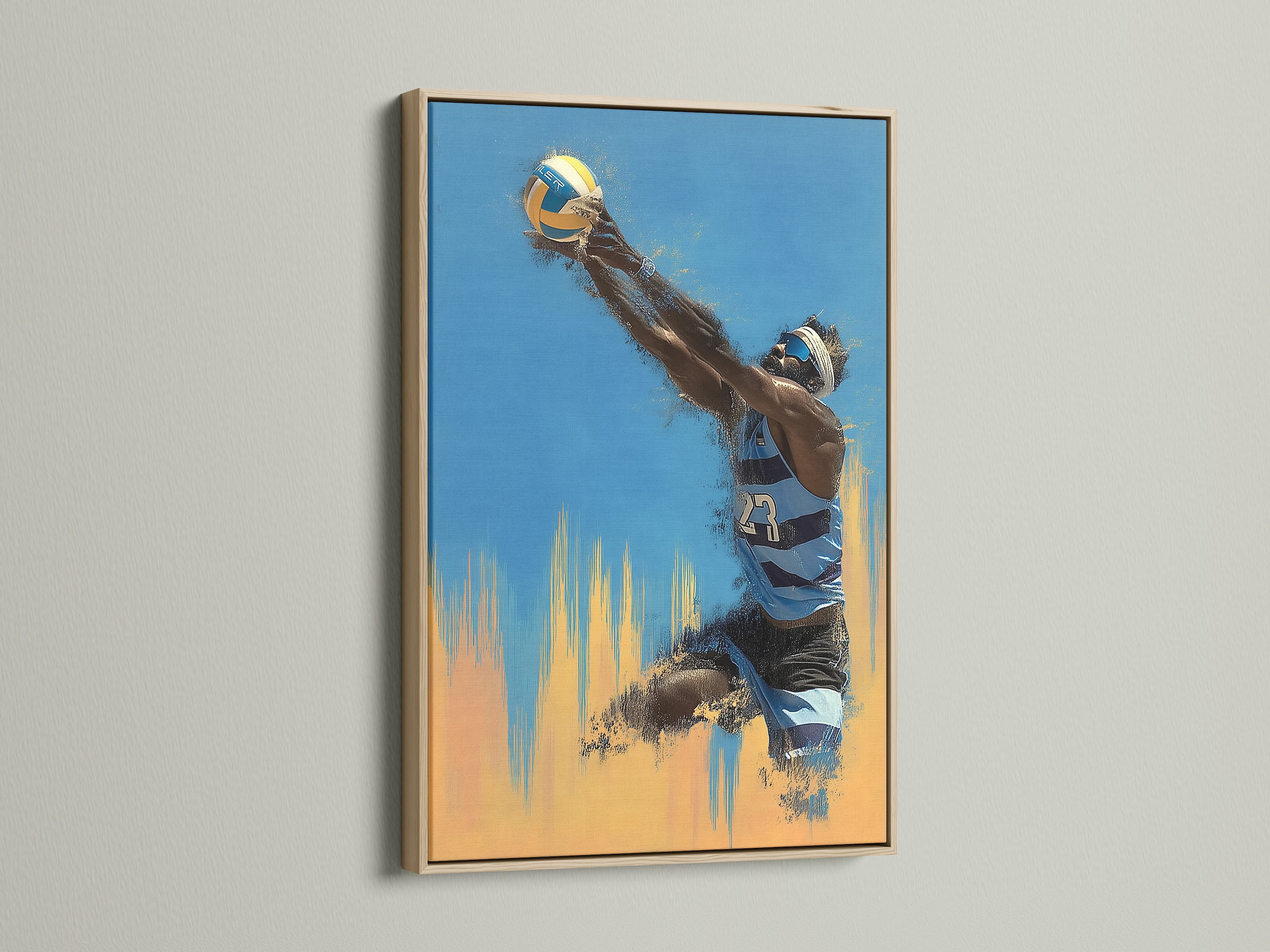 Volleyball sports canvas print in an oak frame. This piece adds warmth to any space. The oak frame enhances the blue and orange tones of the artwork. Perfect for sports enthusiasts and athletes.